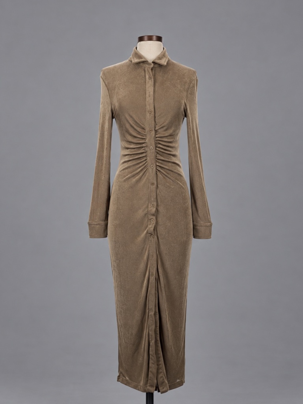 12th Tribe Taupe Ruched Button Front Maxi Dress – S